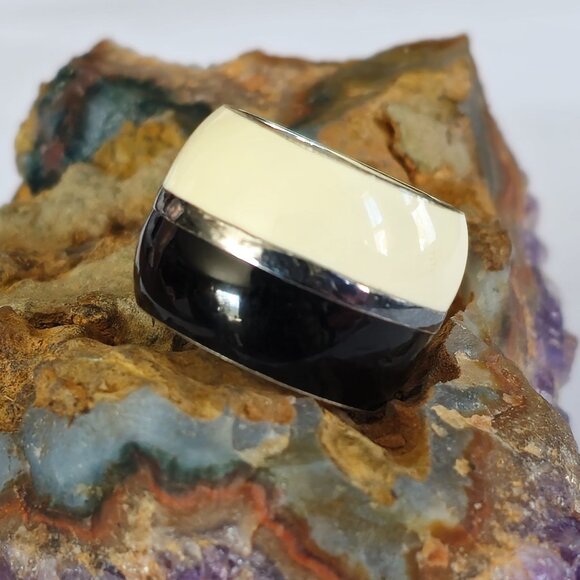 Folli Follie Jewelry - Sterling Silver 925 Black White Enamel Statement Extra Wide Band Ring Size 5